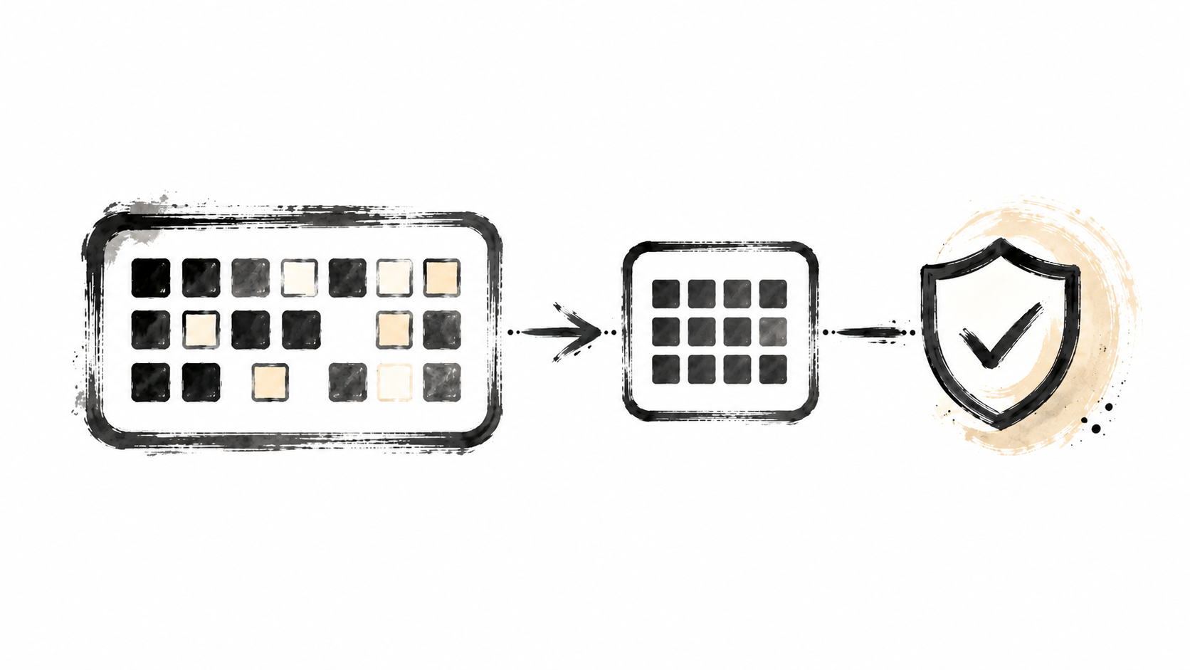 Ink illustration of a large context grid compacting into a smaller verified state packet.
