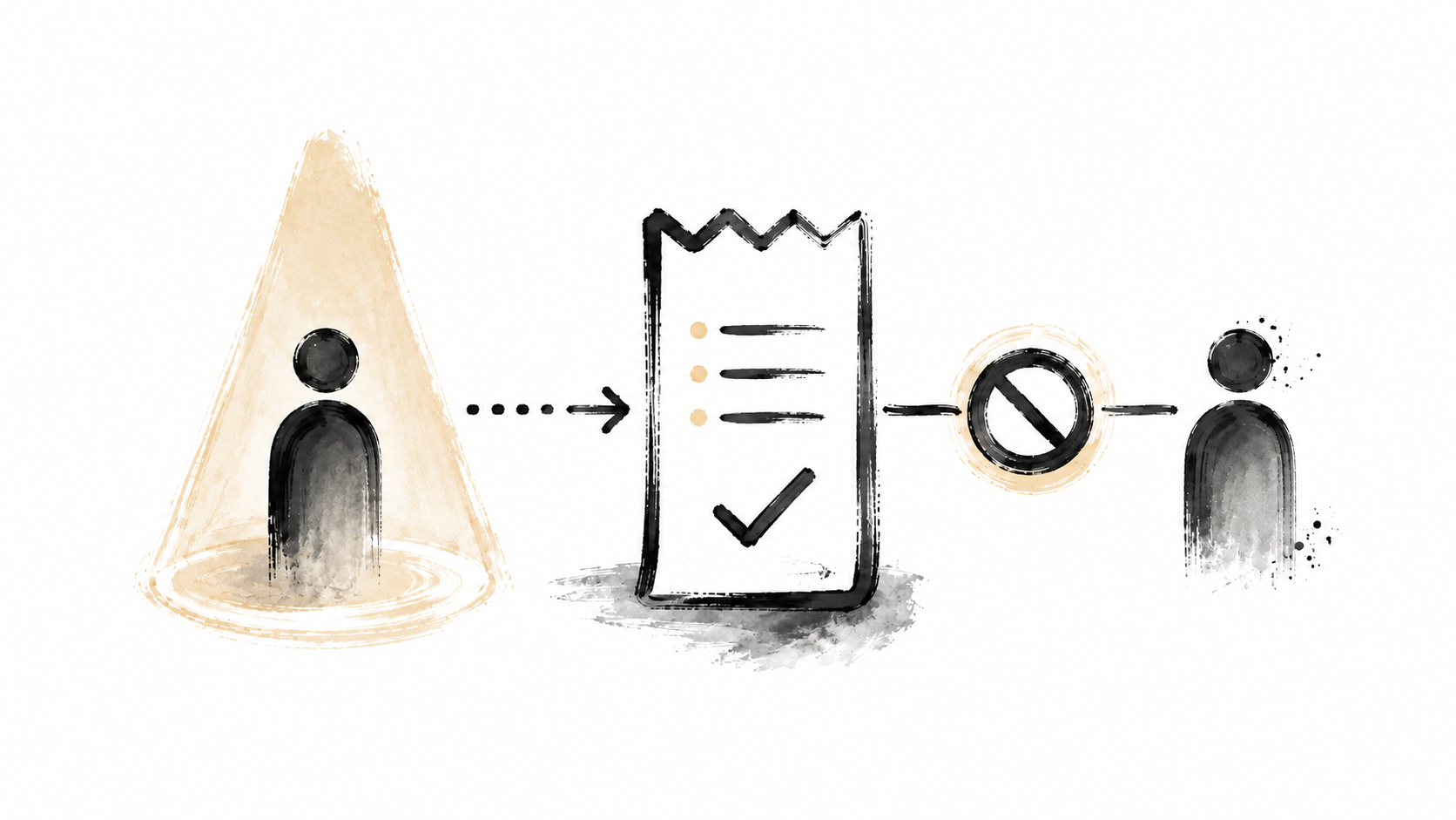 Ink illustration of a verified receipt separating an accountable operator from an unverified claim.