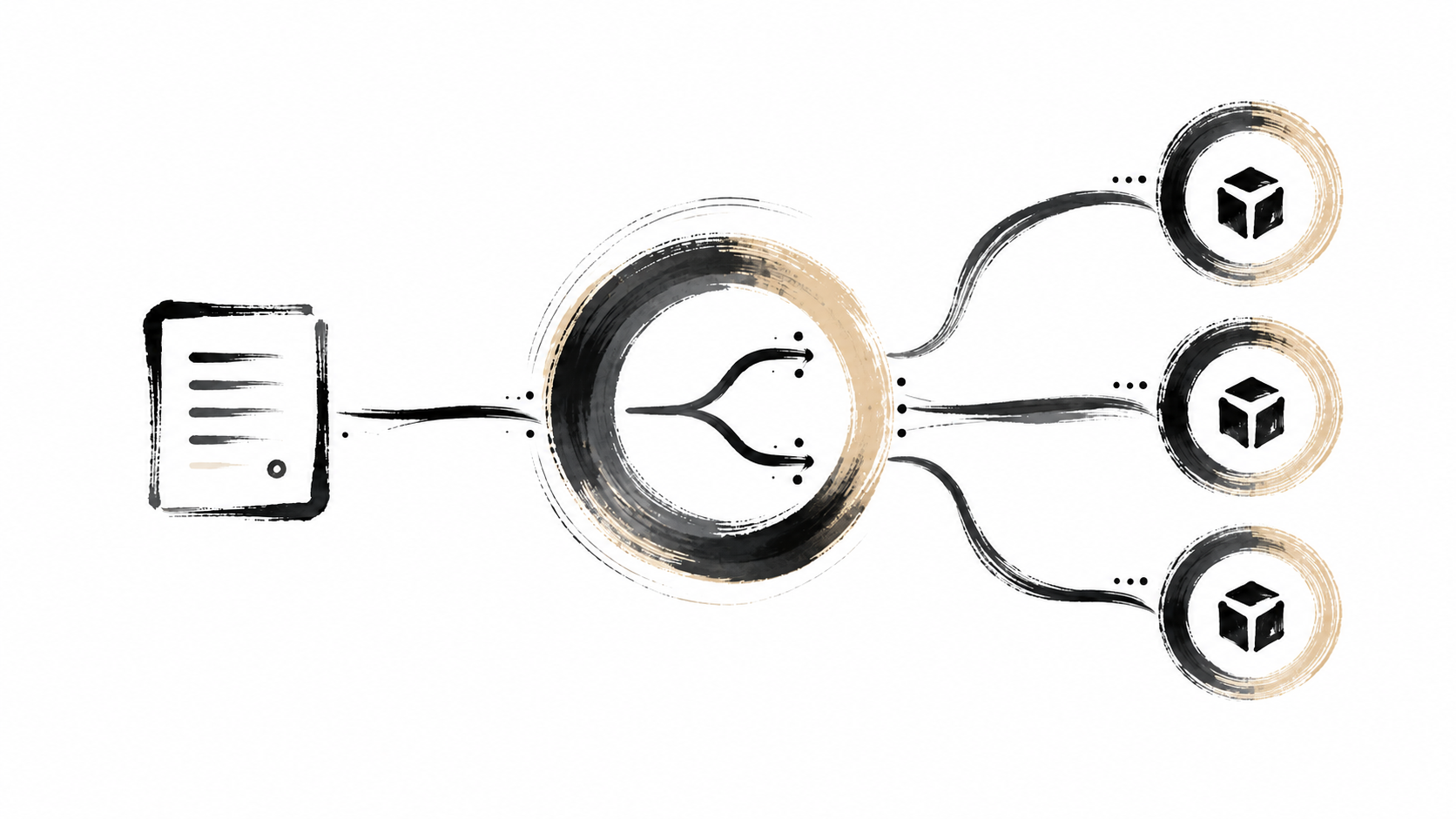 Ink illustration of one request passing through a routing junction toward three model endpoints.